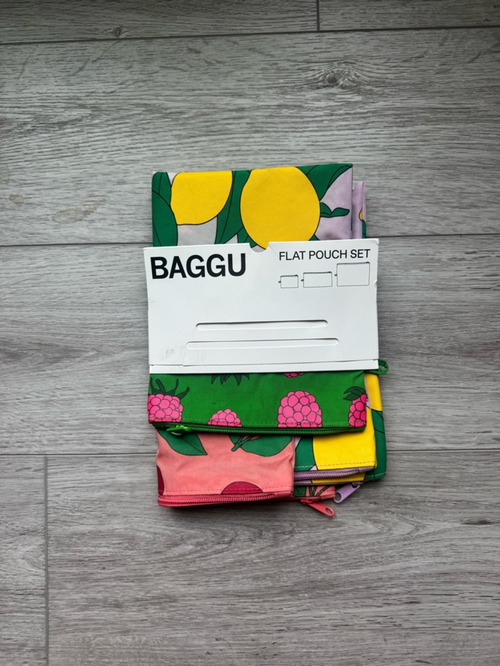 BAGGU Fruit Print Flat Pouch Set - Green, Yellow, Pink